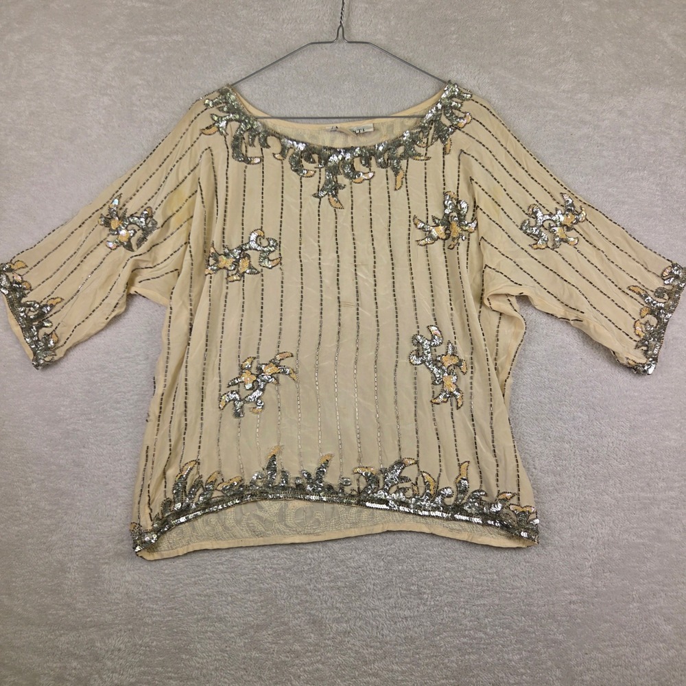 Vintage Silk Beaded Sequin Top Cream Sheer Art Deco Style Sleeveless Blouse